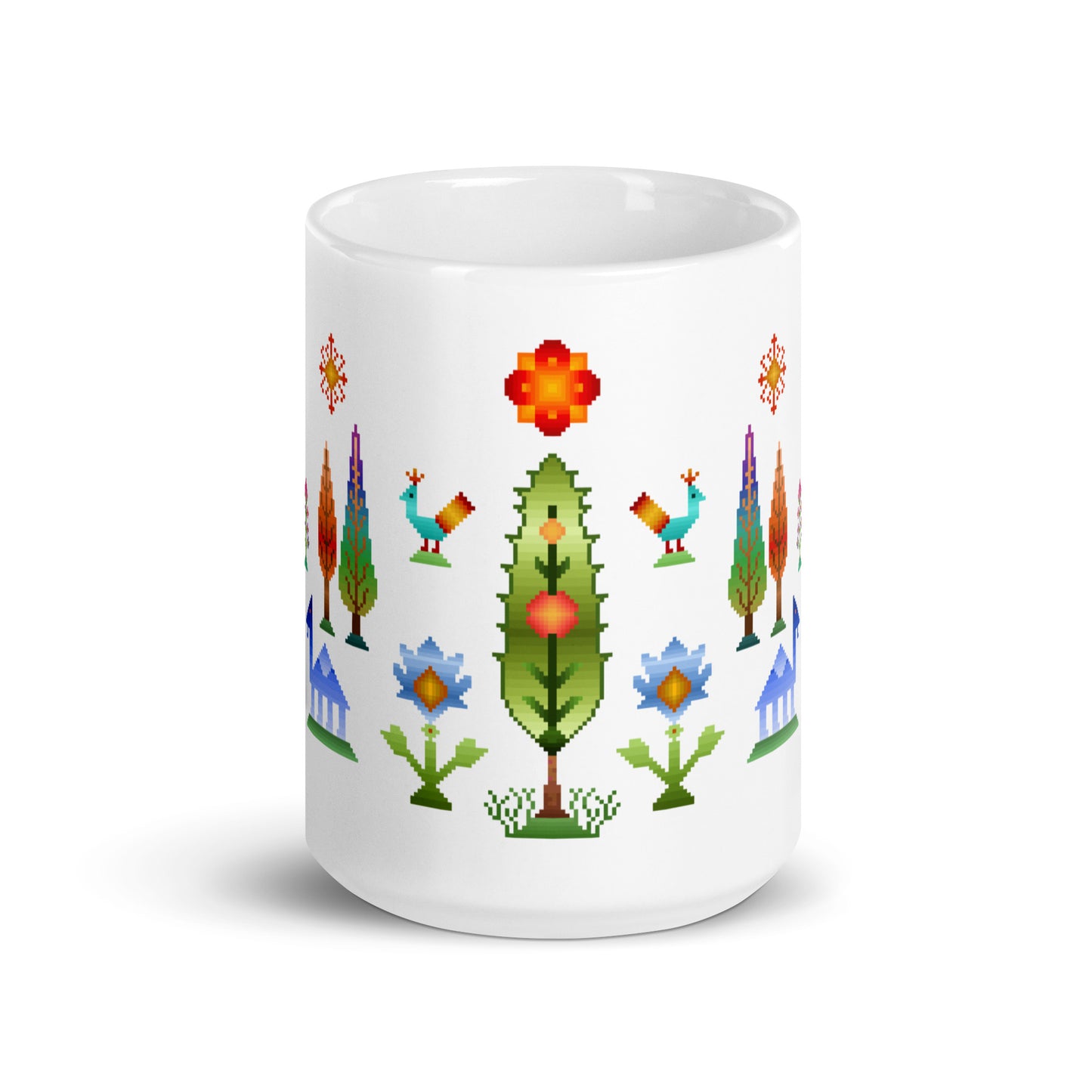 White glossy mug - Rainbow pixel art, Gabbeh style IV