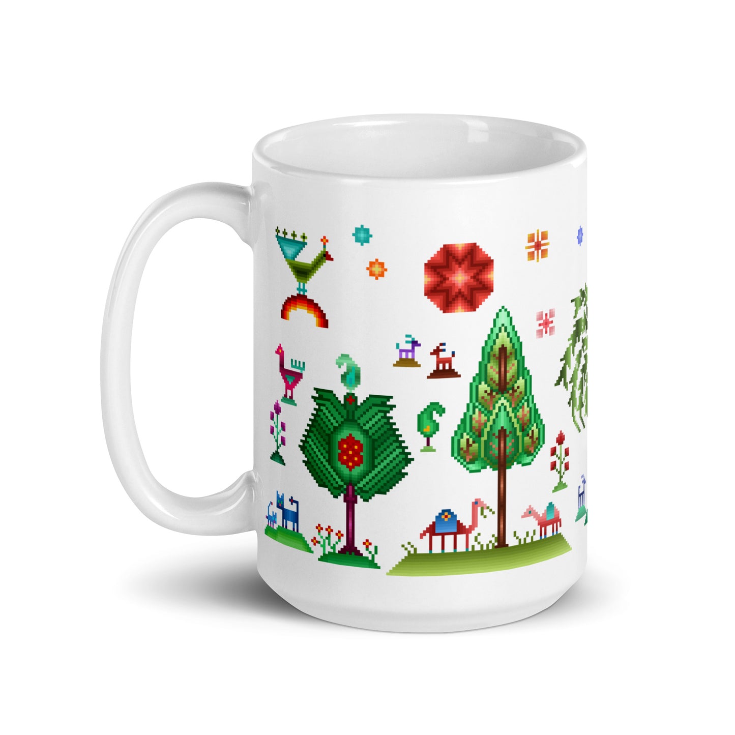 Weiße Tasse – Regenbogen-Pixelart, Gabbeh-Stil I