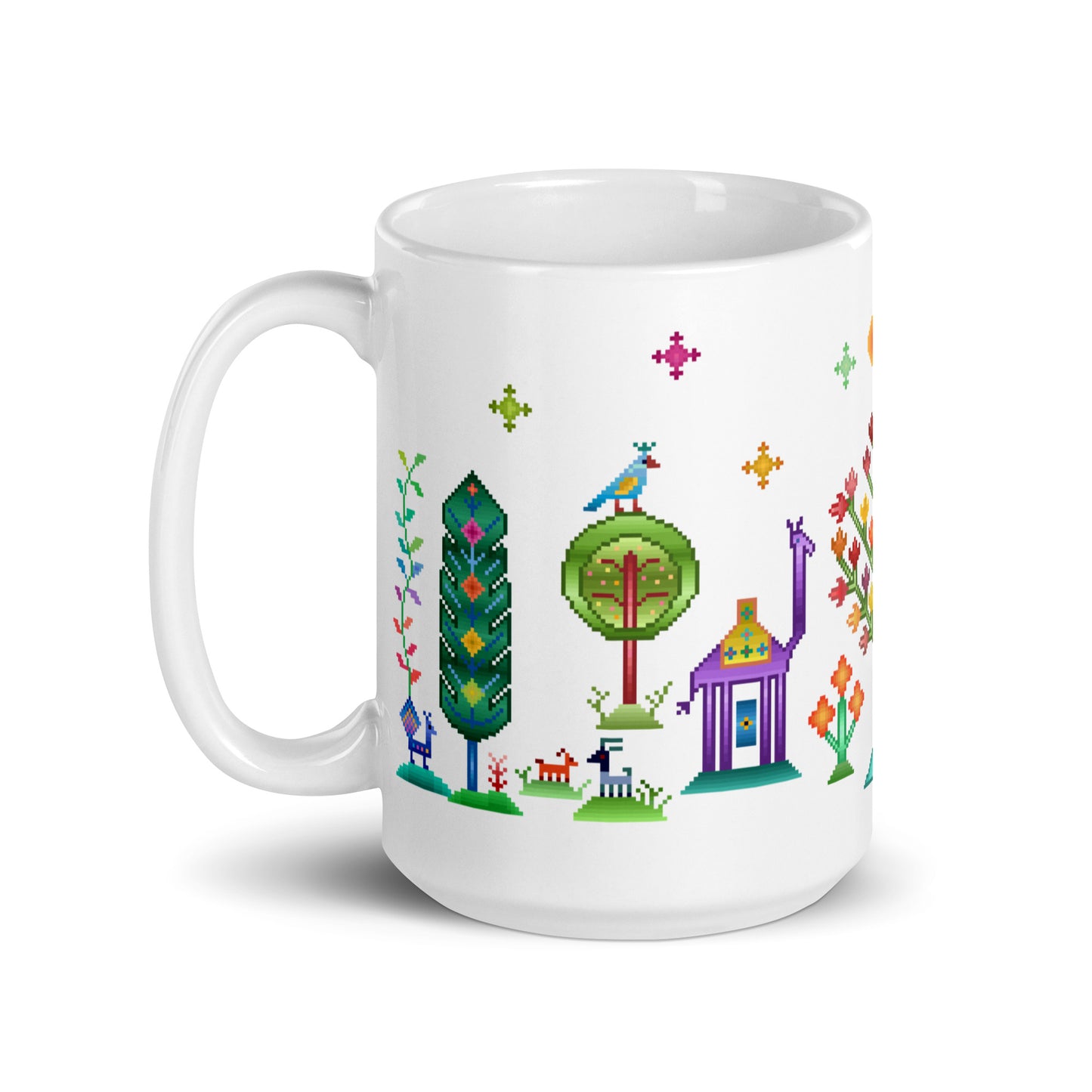 White glossy mug - Rainbow pixel art, Gabbeh style II