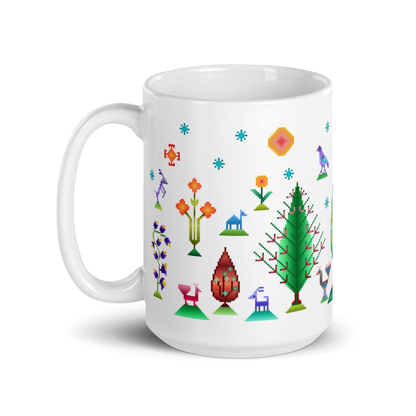 White glossy mug - Rainbow pixel art, Gabbeh style III