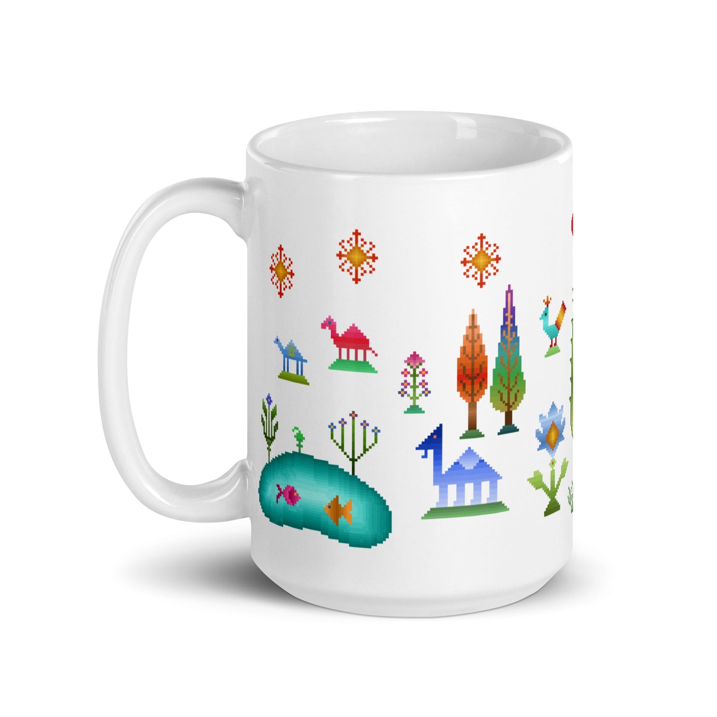 Weiße Tasse – Regenbogen-Pixelart, Gabbeh-Stil IV