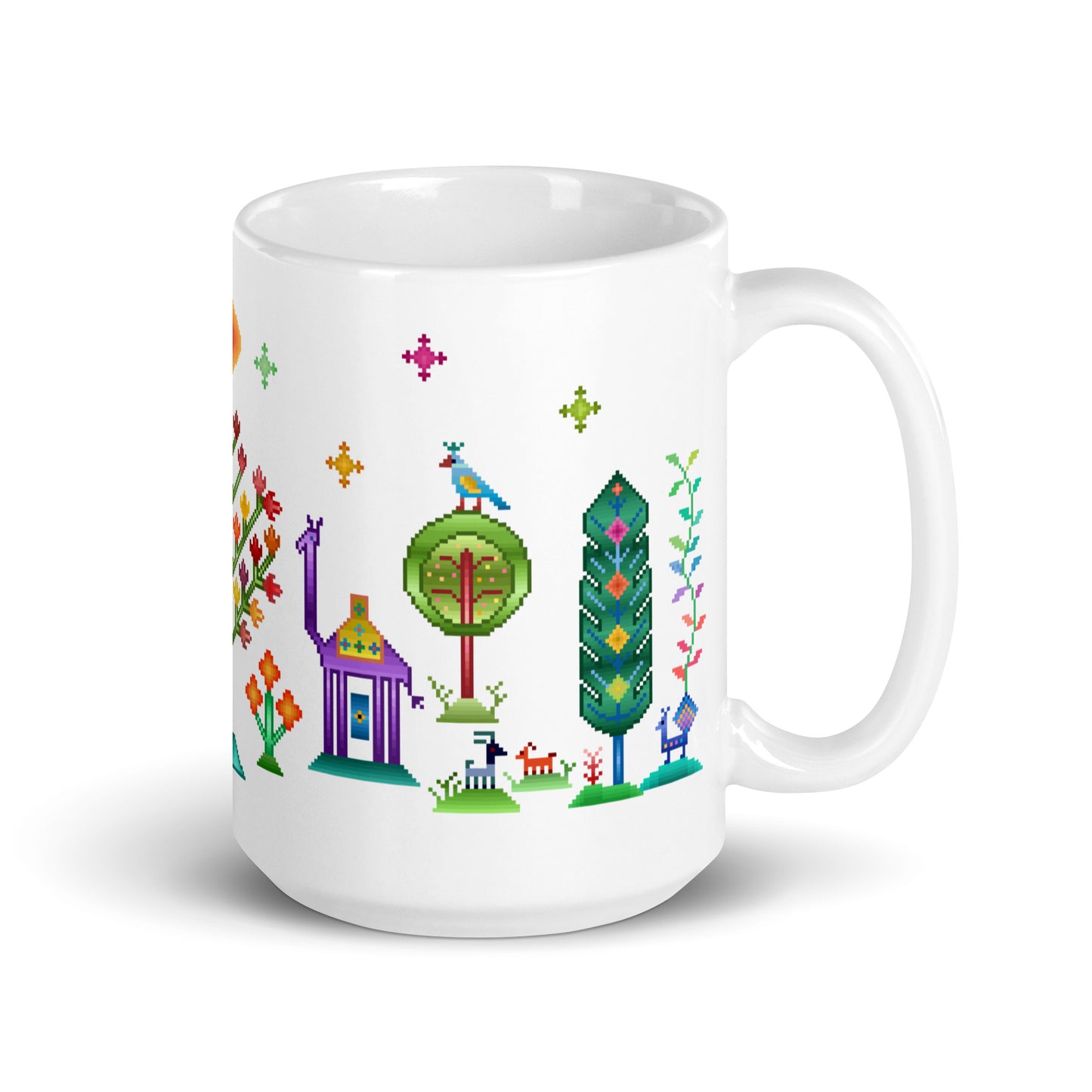 Weiße Tasse – Regenbogen-Pixelart, Gabbeh-Stil II