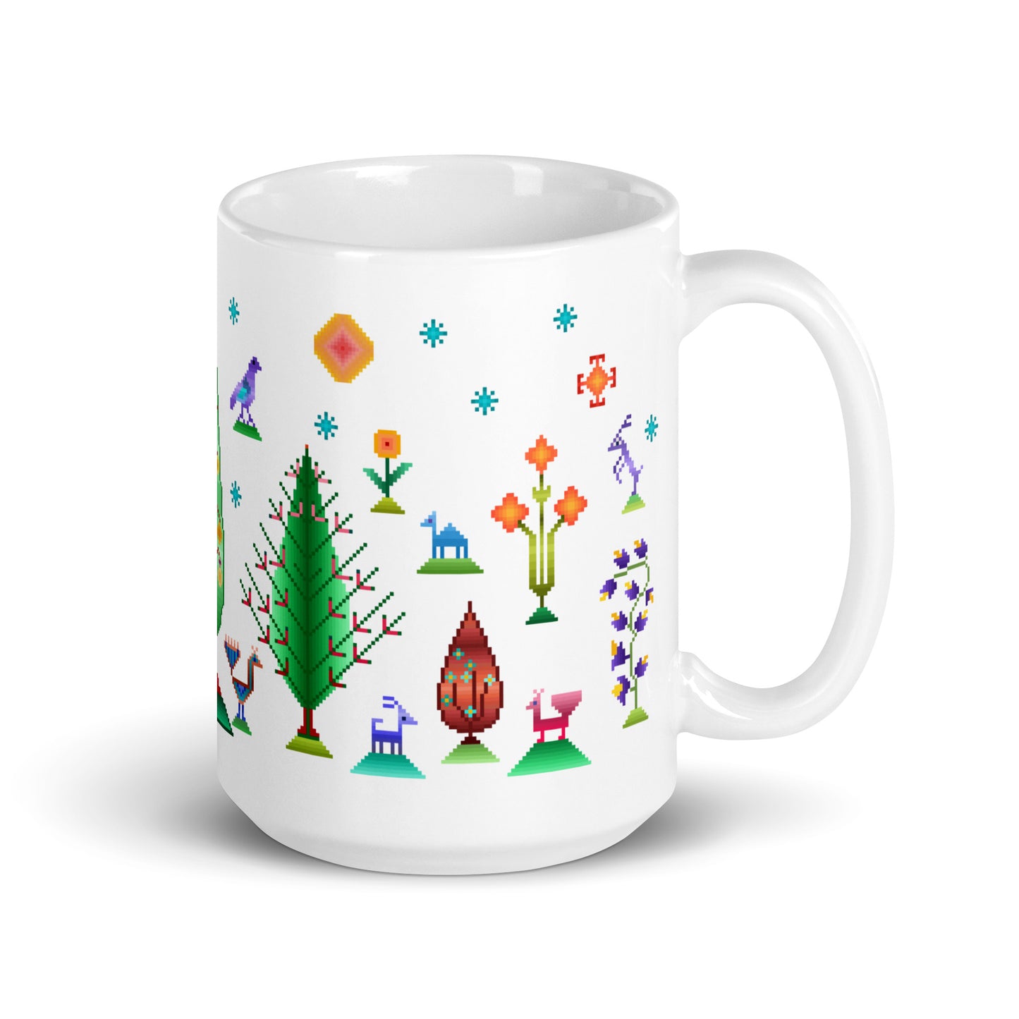 White glossy mug - Rainbow pixel art, Gabbeh style III