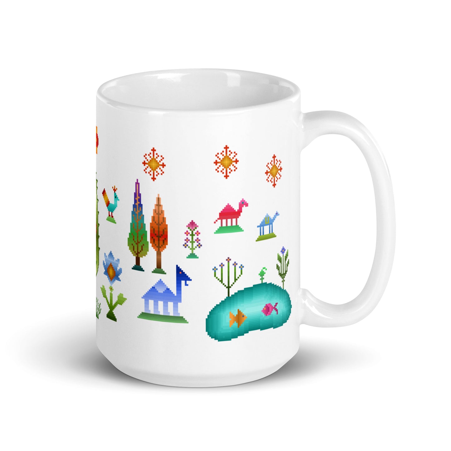 White glossy mug - Rainbow pixel art, Gabbeh style IV