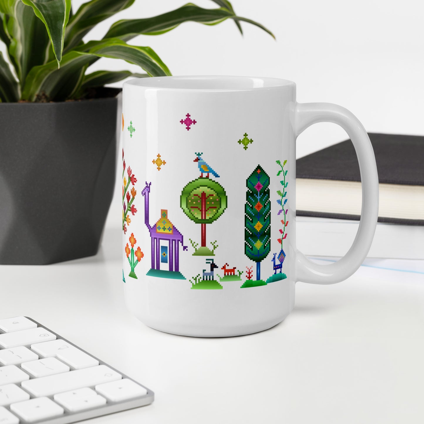 White glossy mug - Rainbow pixel art, Gabbeh style II