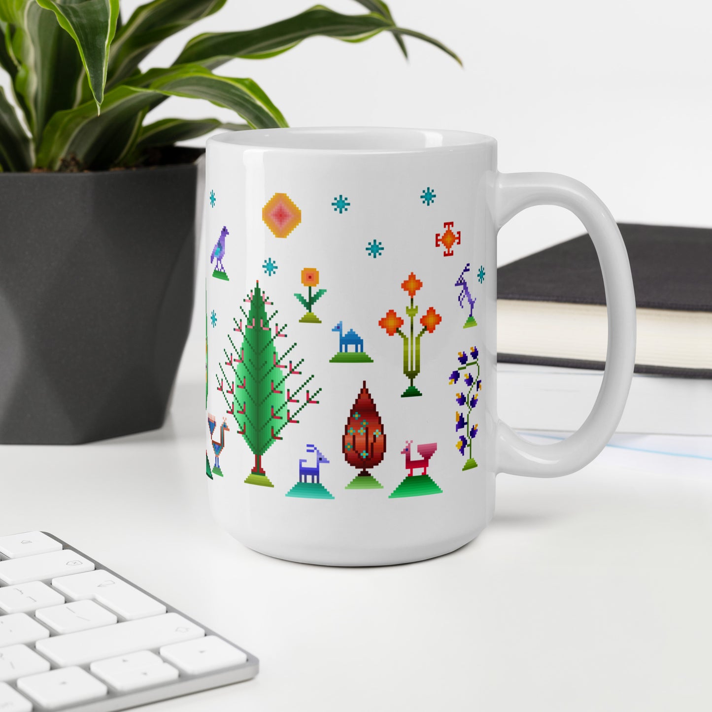 White glossy mug - Rainbow pixel art, Gabbeh style III