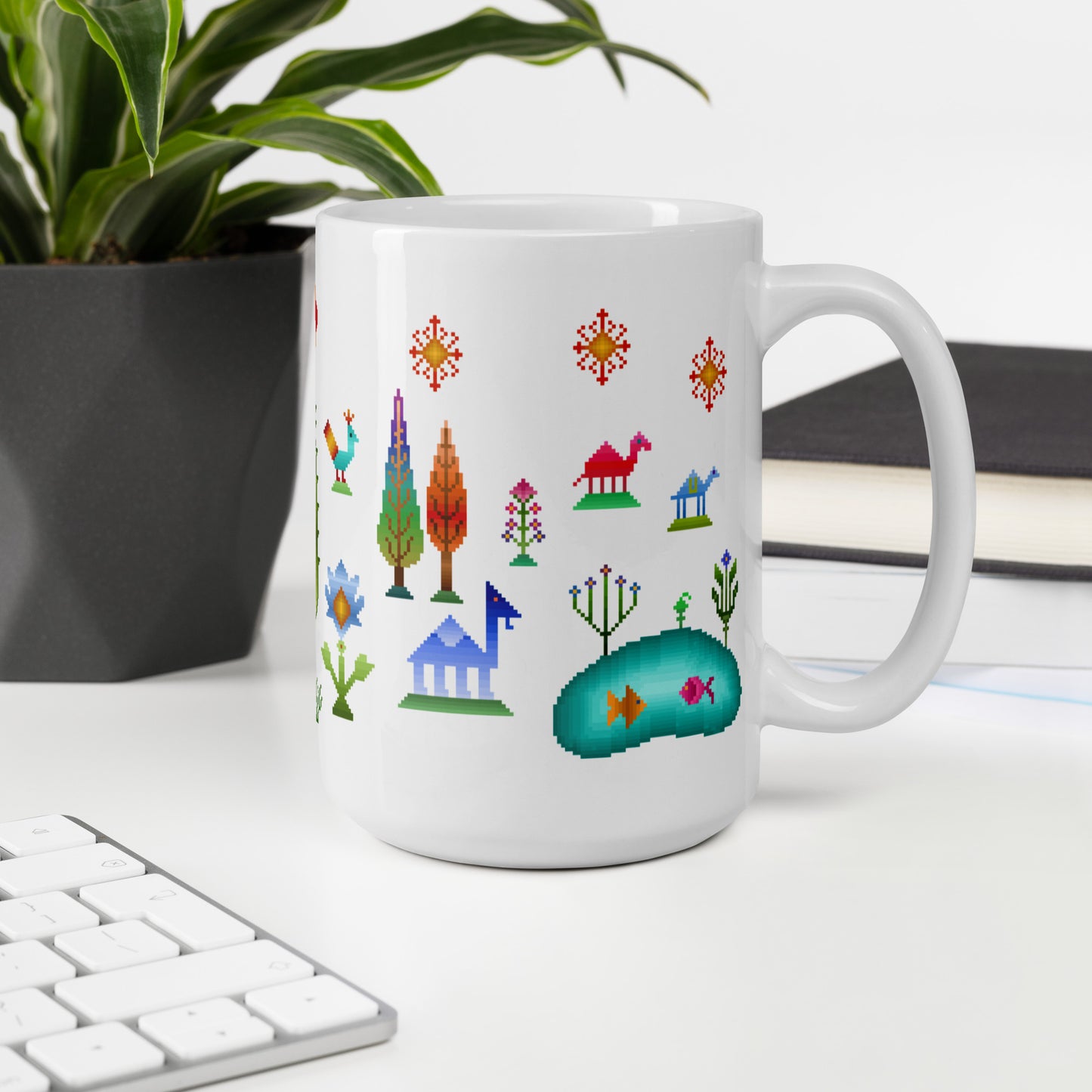 Weiße Tasse – Regenbogen-Pixelart, Gabbeh-Stil IV